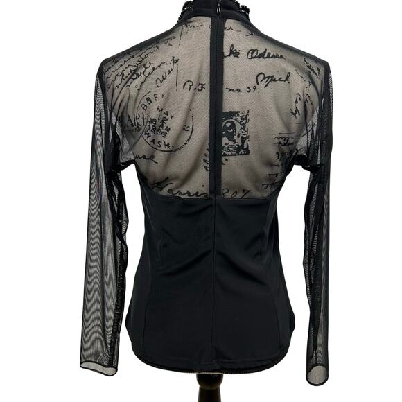 Vintage Beaded Blouse Black Sheer Long Sleeve Deep V-Neck Shirt Scallop Date - Picture 2 of 11